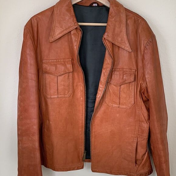 Vintage 1970s Camel Brown Leather Jacket Pointed Collar Men’s size 44 - Picture 3 of 13